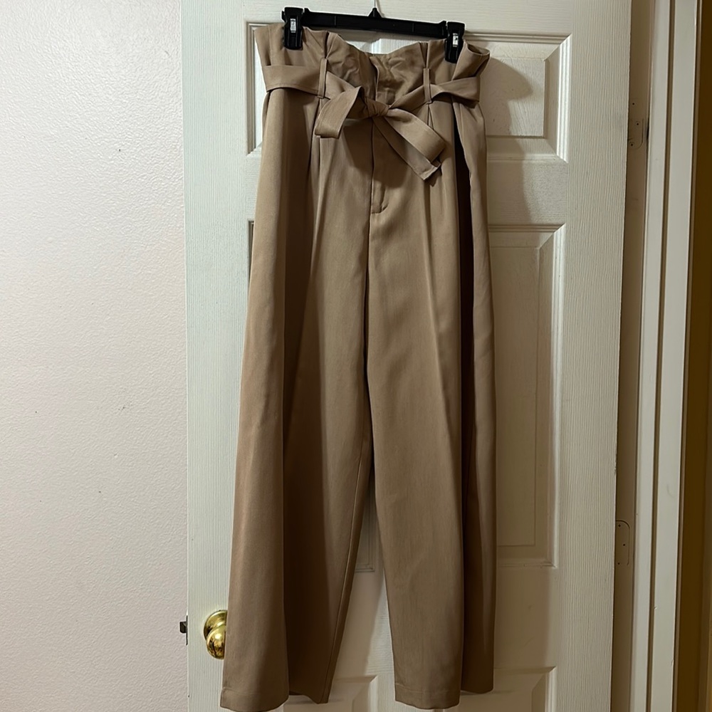 Reformation High-Waisted Paperbag Wide Leg Pants in Taupe